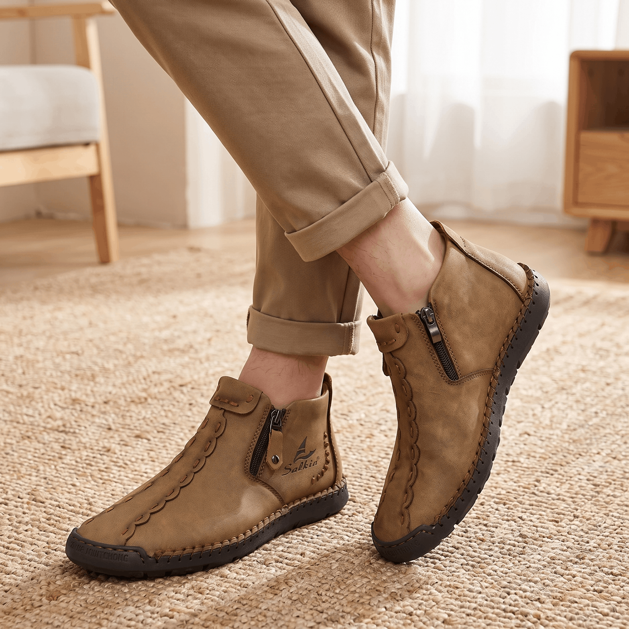 Vittorio Leather High-Top Shoes – Hand-Stitched Zip Ankle Footwear