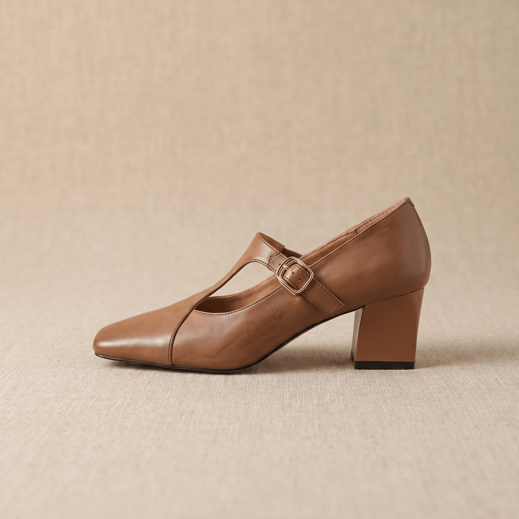 Valeria Leather Square-Toe Heels – T-Strap Block Heel Pumps