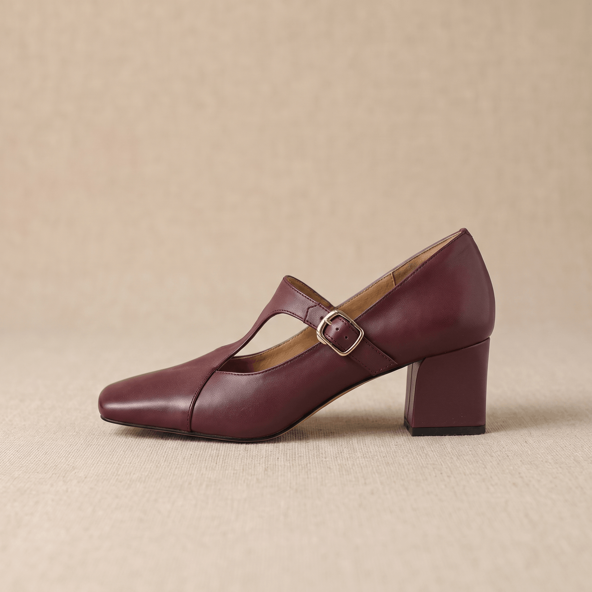 Valeria Leather Square-Toe Heels – T-Strap Block Heel Pumps