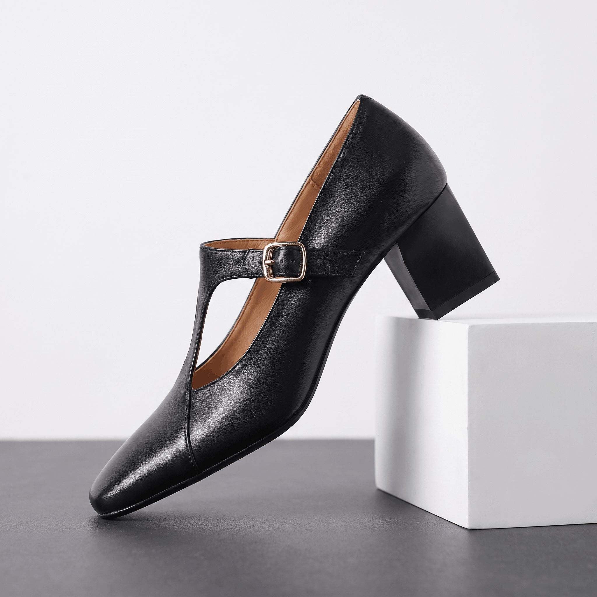 Valeria Leather Square-Toe Heels – T-Strap Block Heel Pumps