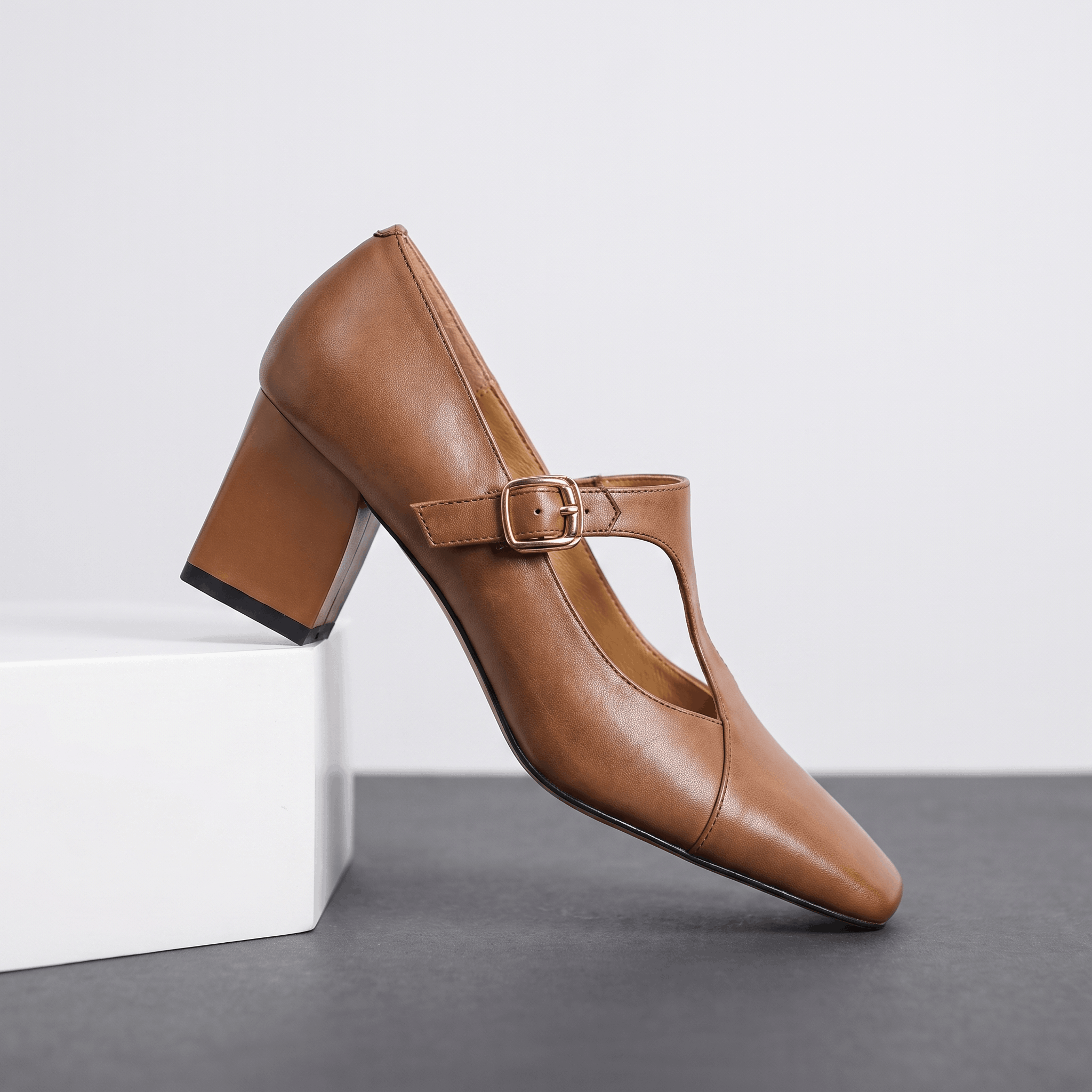 Valeria Leather Square-Toe Heels – T-Strap Block Heel Pumps