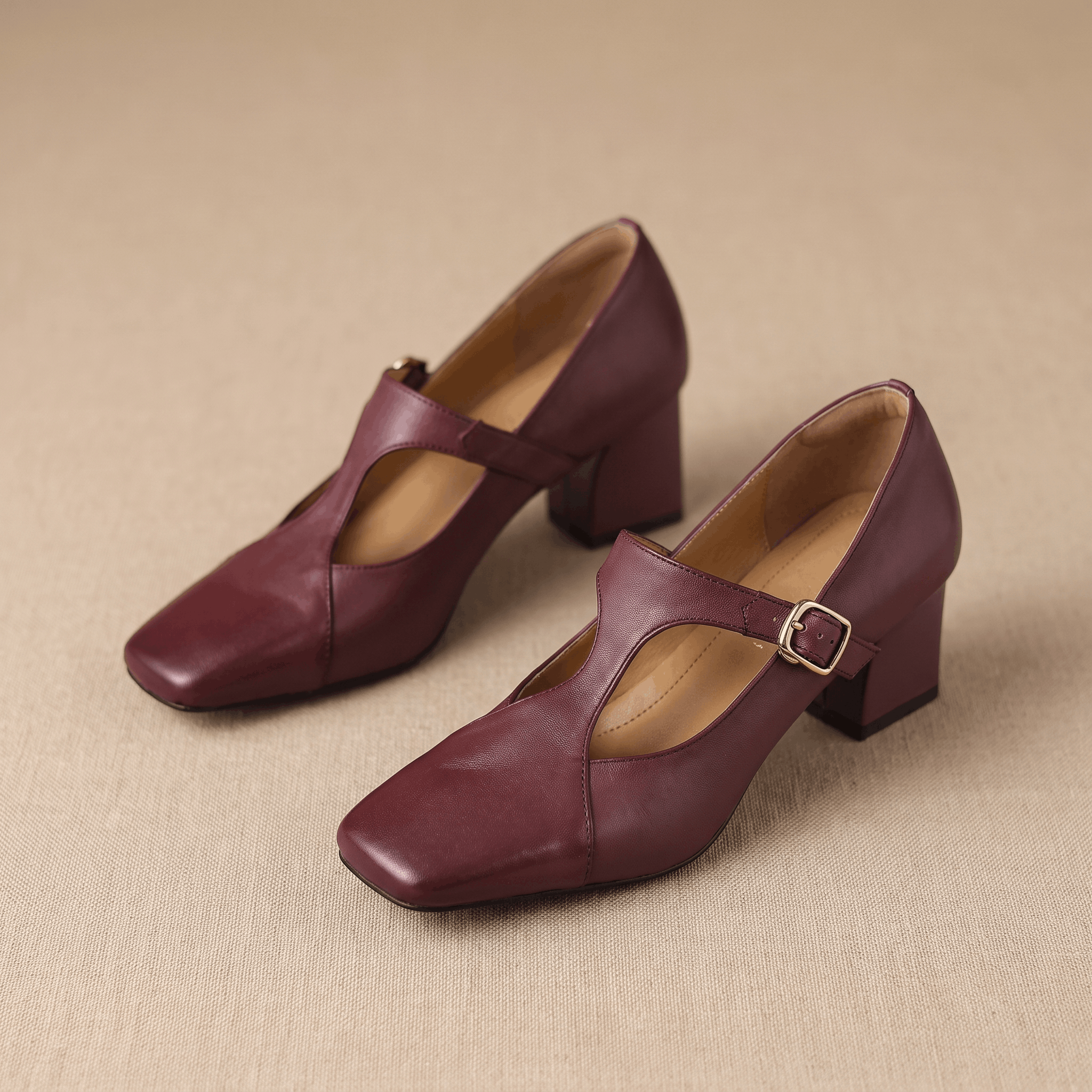 Valeria Leather Square-Toe Heels – T-Strap Block Heel Pumps