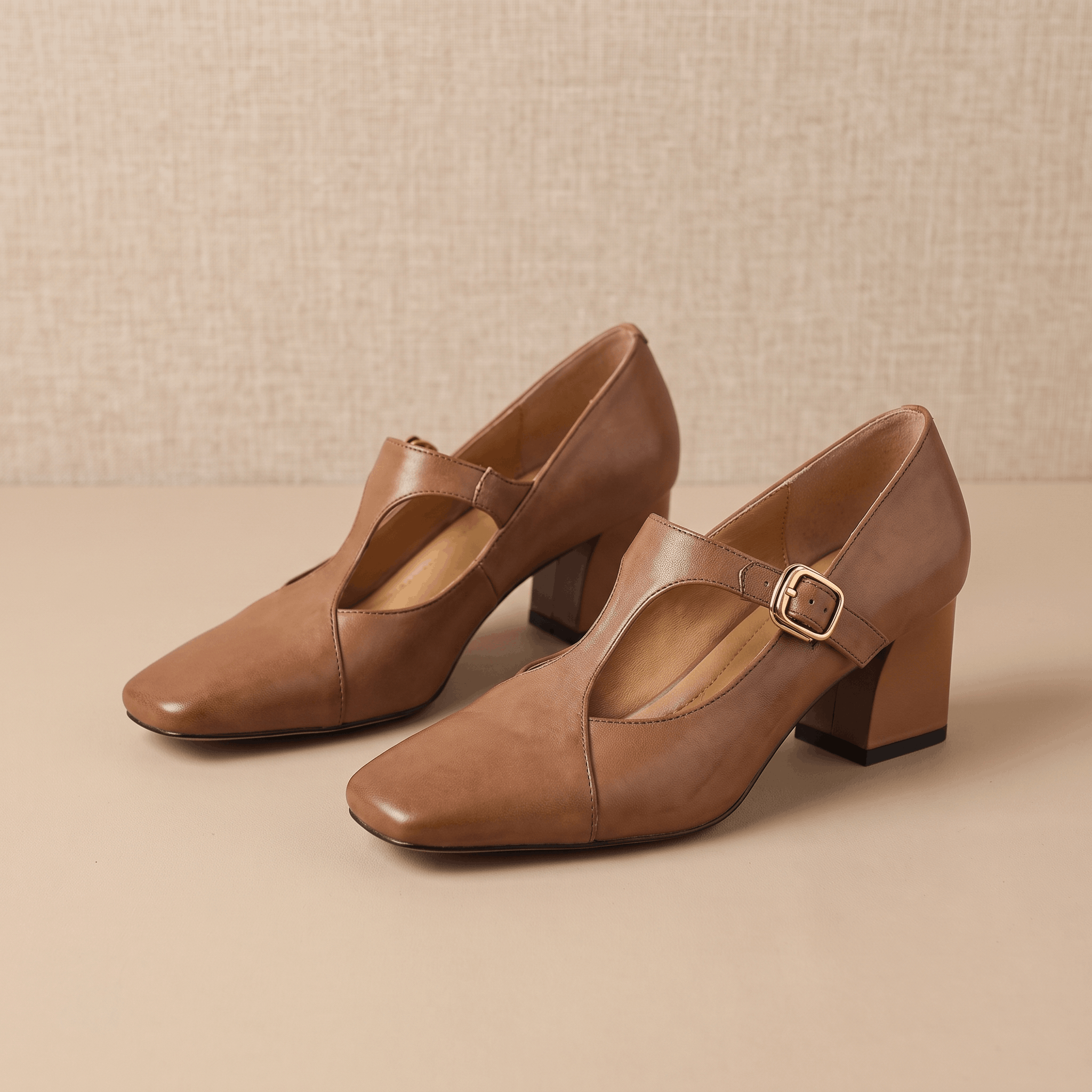 Valeria Leather Square-Toe Heels – T-Strap Block Heel Pumps