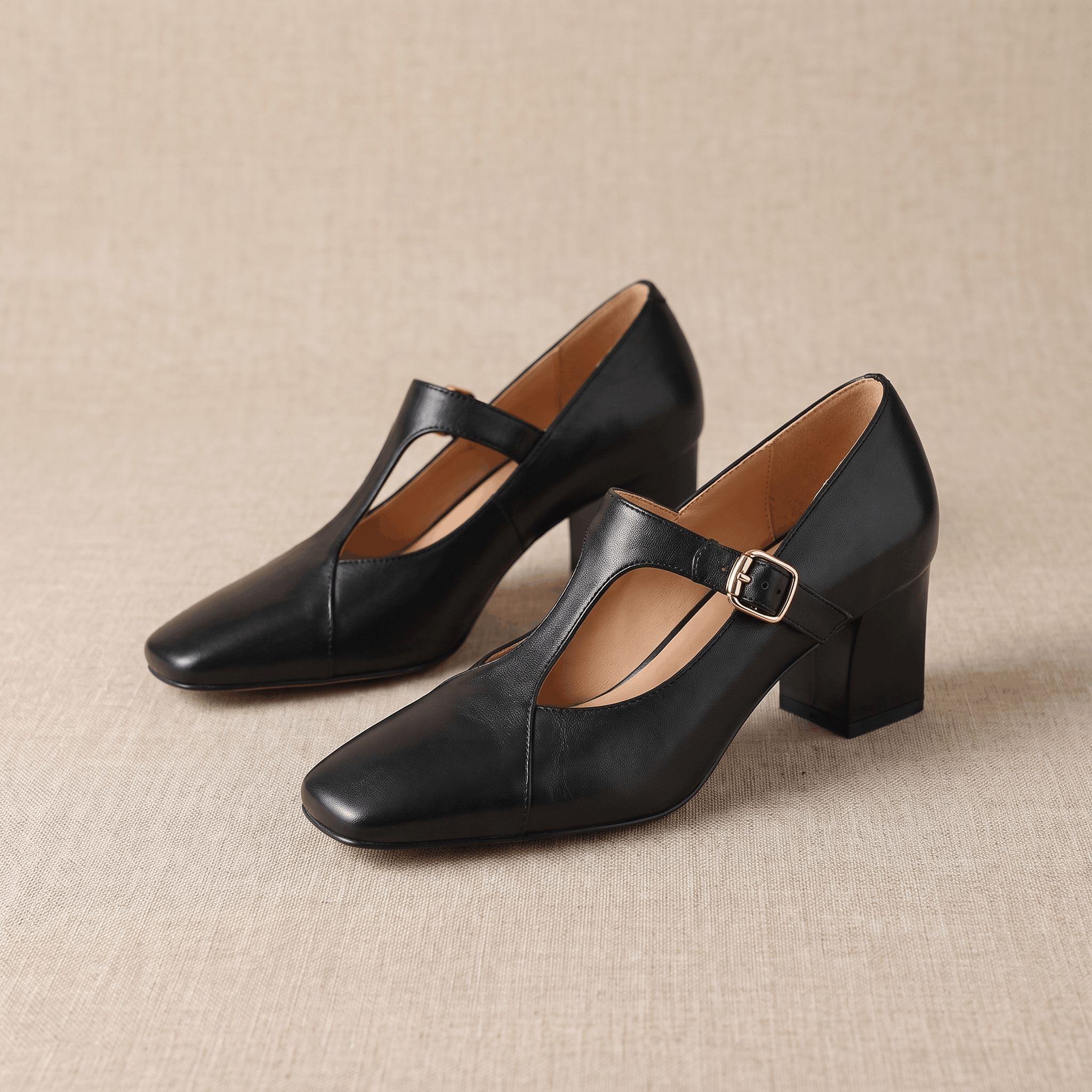 Valeria Leather Square-Toe Heels – T-Strap Block Heel Pumps