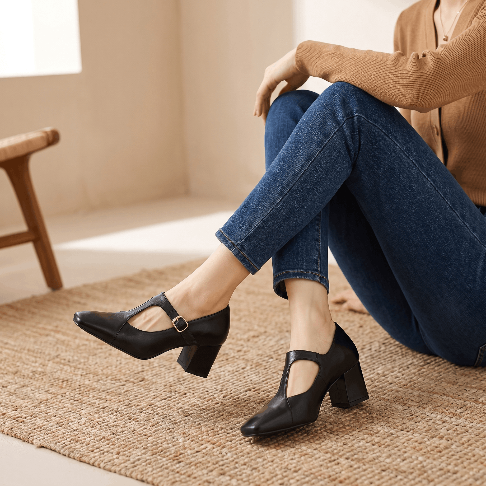 Valeria Leather Square-Toe Heels – T-Strap Block Heel Pumps
