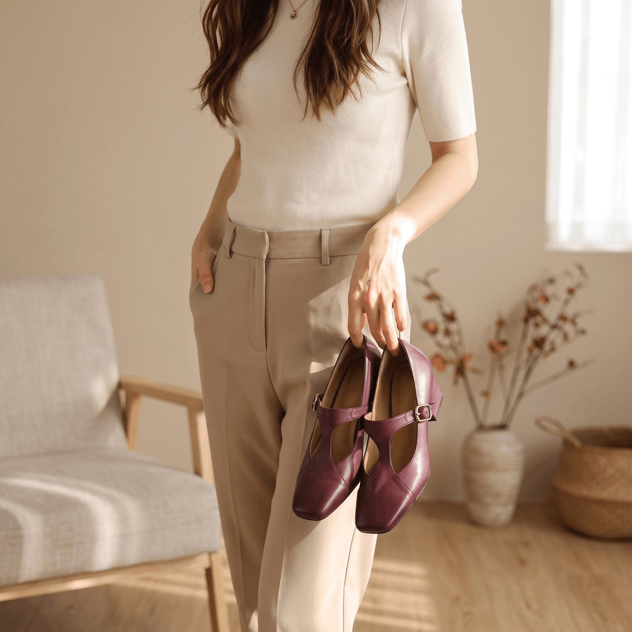 Valeria Leather Square-Toe Heels – T-Strap Block Heel Pumps