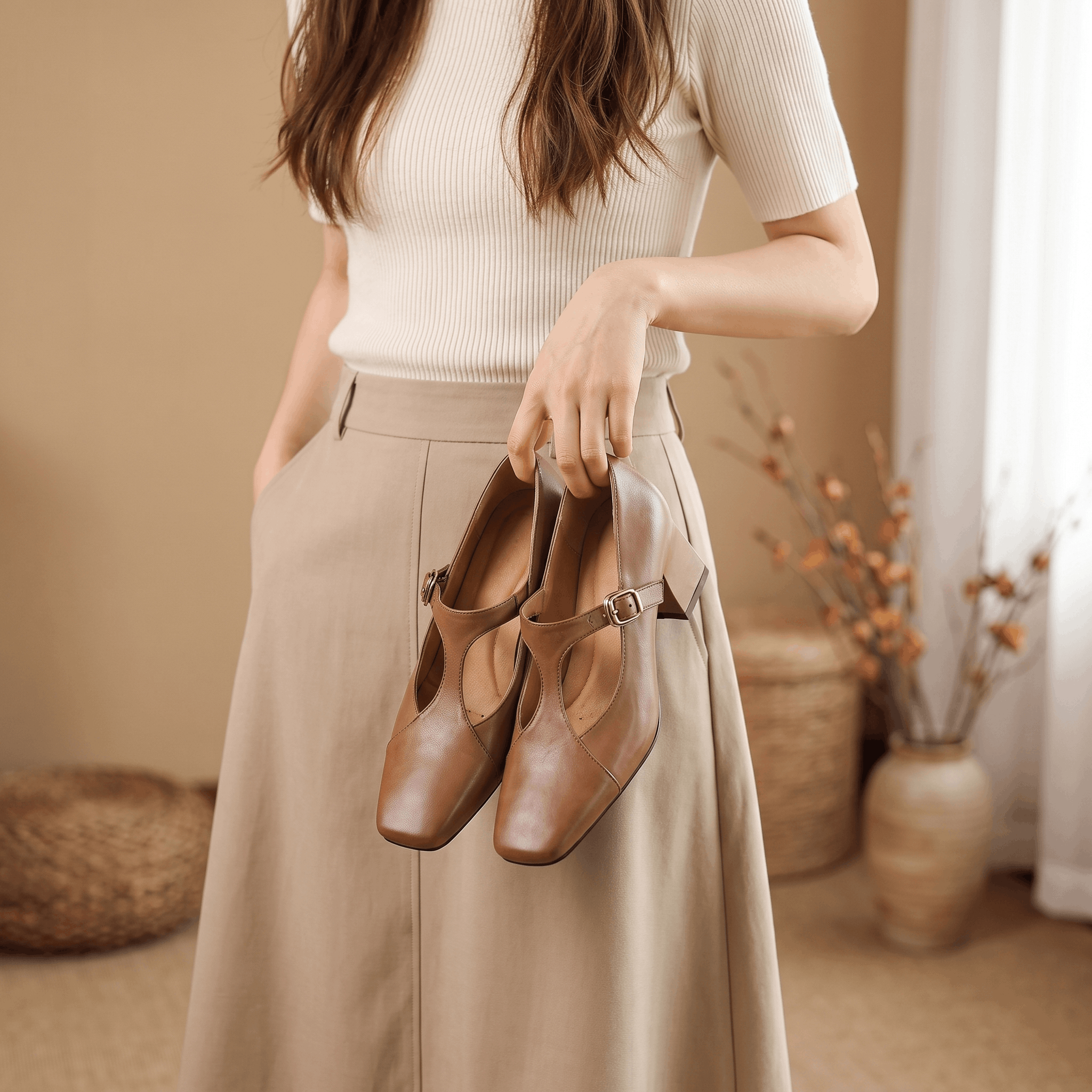 Valeria Leather Square-Toe Heels – T-Strap Block Heel Pumps