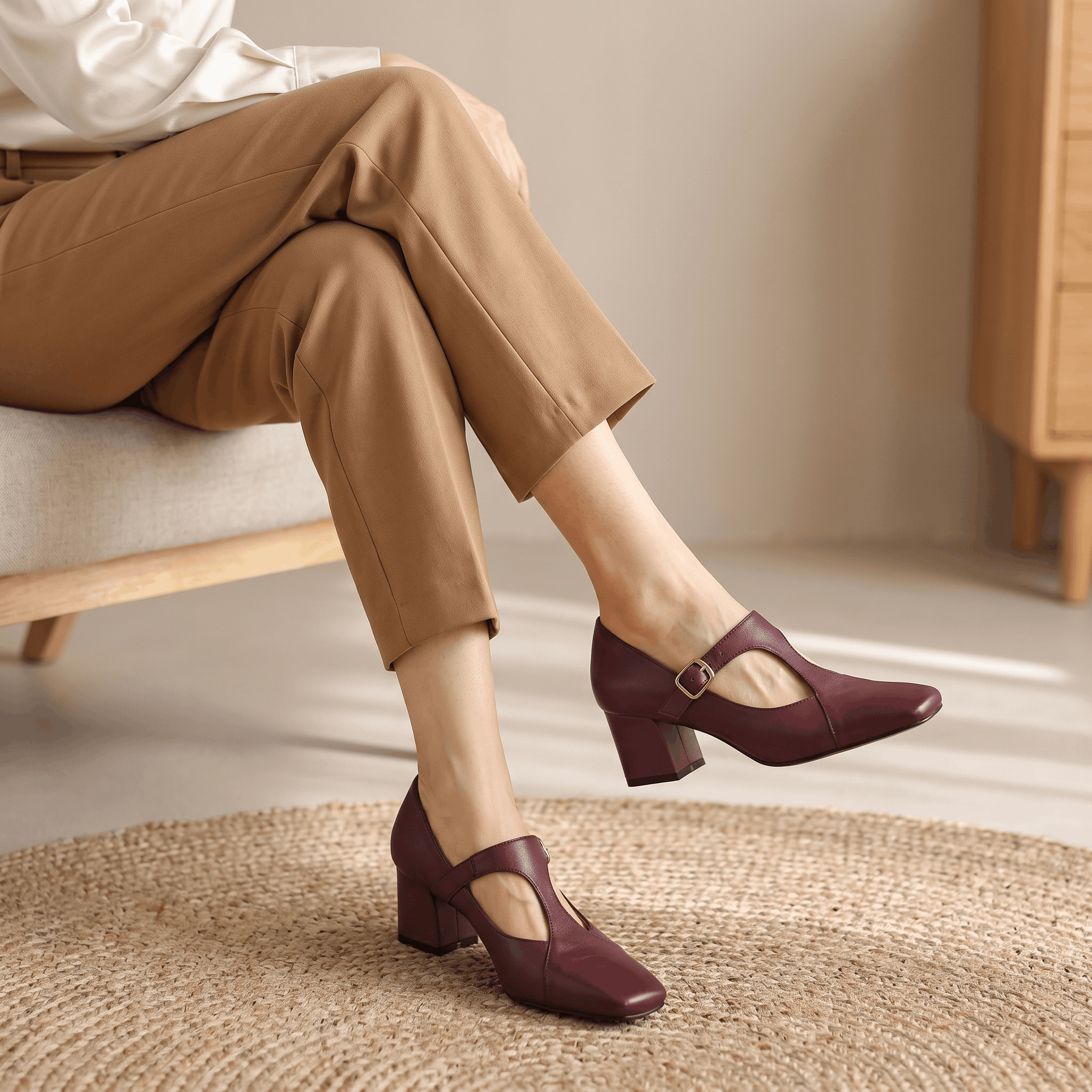 Valeria Leather Square-Toe Heels – T-Strap Block Heel Pumps