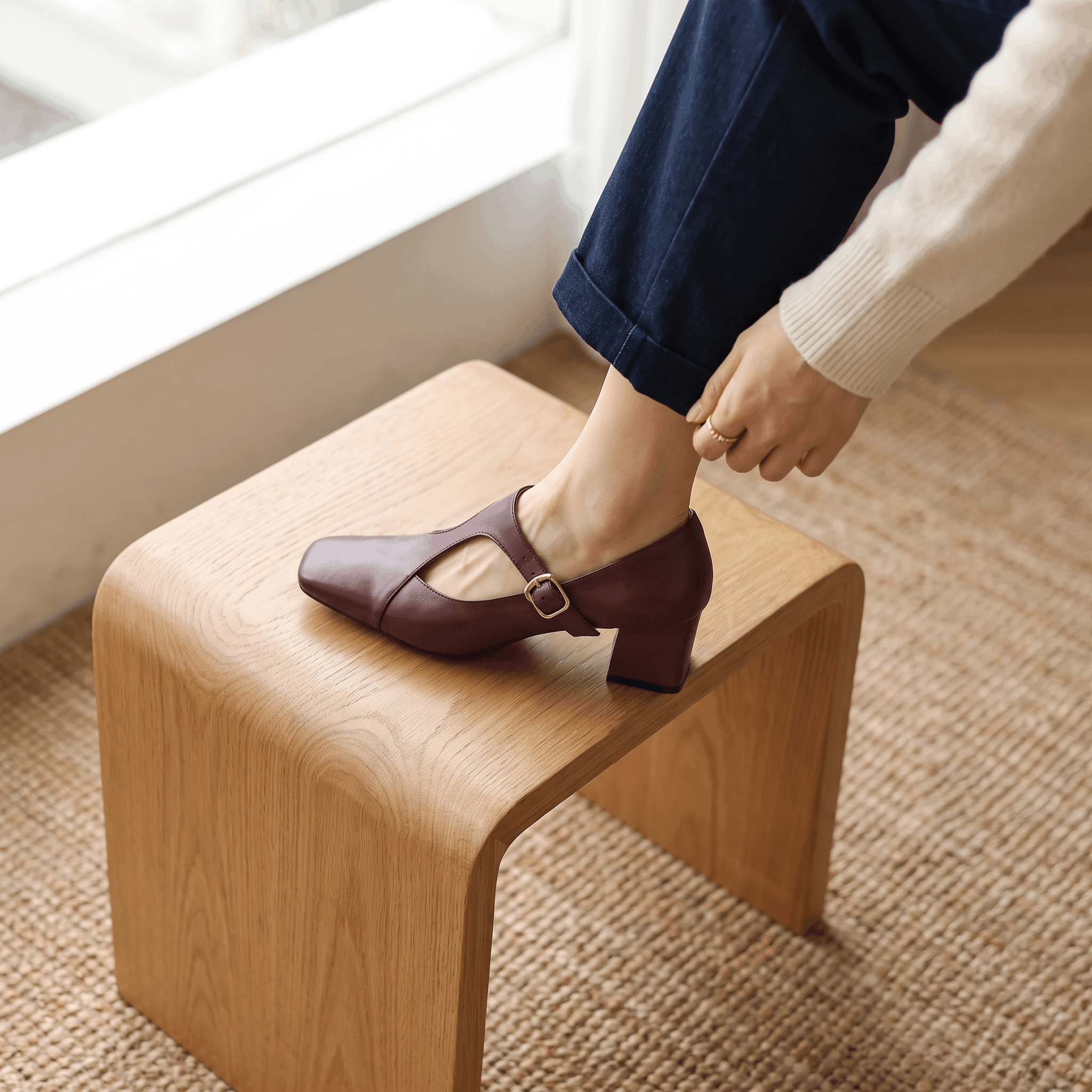Valeria Leather Square-Toe Heels – T-Strap Block Heel Pumps