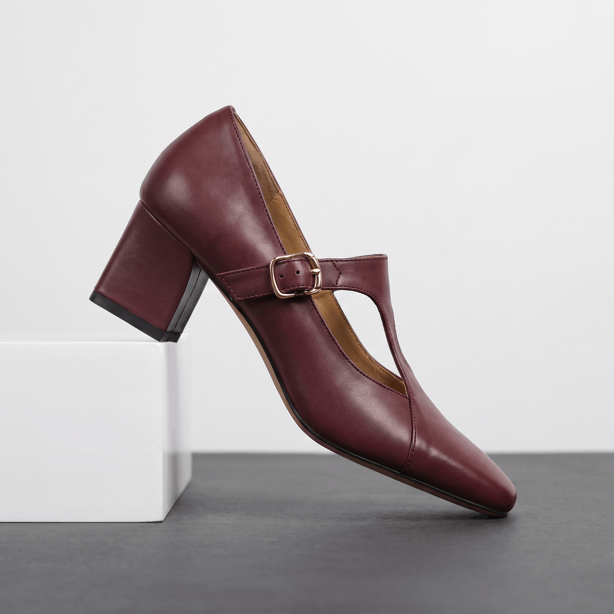 Valeria Leather Square-Toe Heels – T-Strap Block Heel Pumps