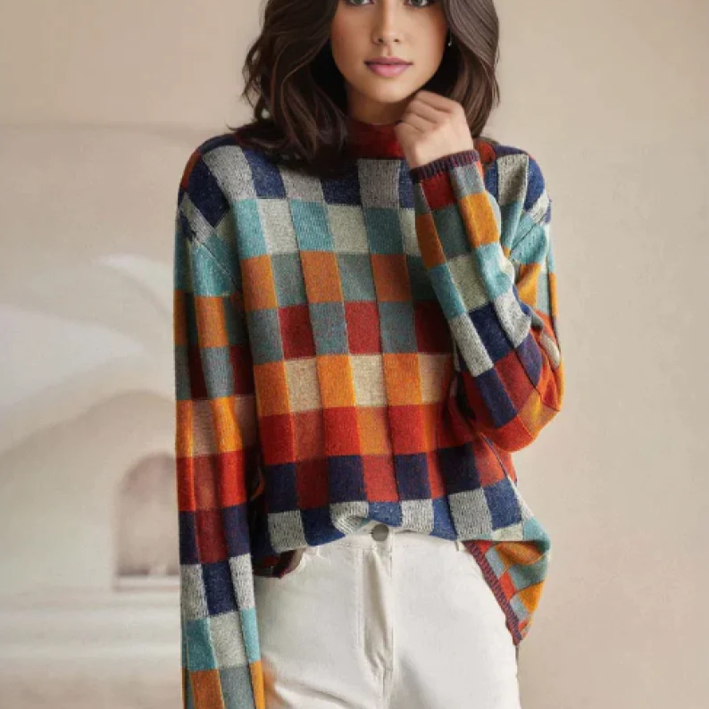 Amélie Women’s Sweater – Turtleneck Pullover with Mélange Patchwork Design