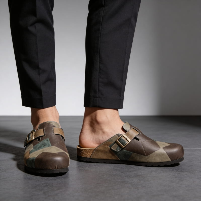 Gareth Genuine Leather Patchwork Buckled Clogs – Casual Slip-On Sandal