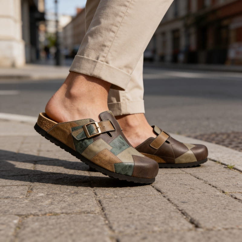 Gareth Genuine Leather Patchwork Buckled Clogs – Casual Slip-On Sandal