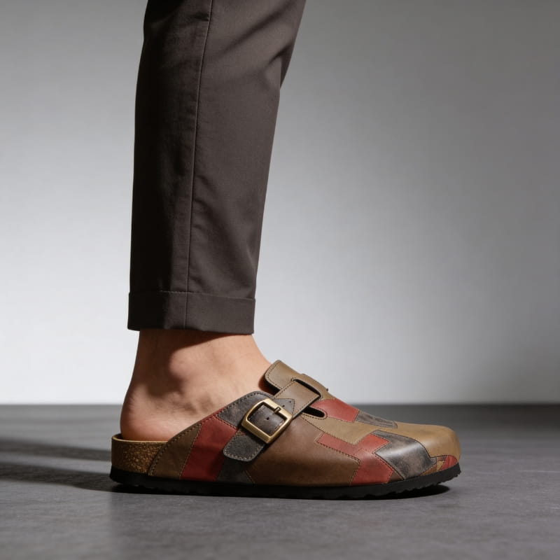 Gareth Genuine Leather Patchwork Buckled Clogs – Casual Slip-On Sandal