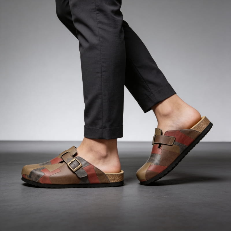 Gareth Genuine Leather Patchwork Buckled Clogs – Casual Slip-On Sandal
