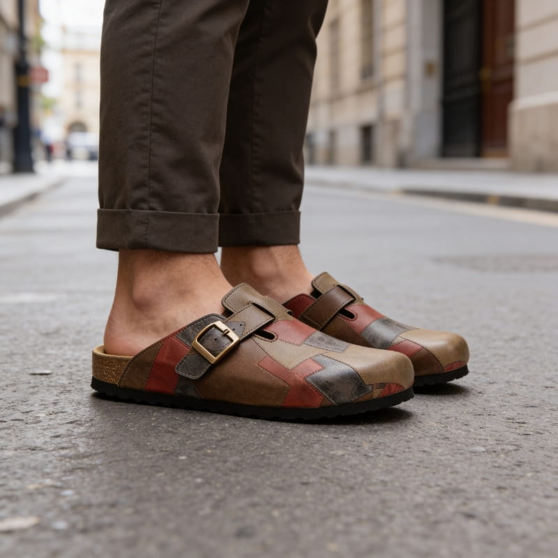 Gareth Genuine Leather Patchwork Buckled Clogs – Casual Slip-On Sandal