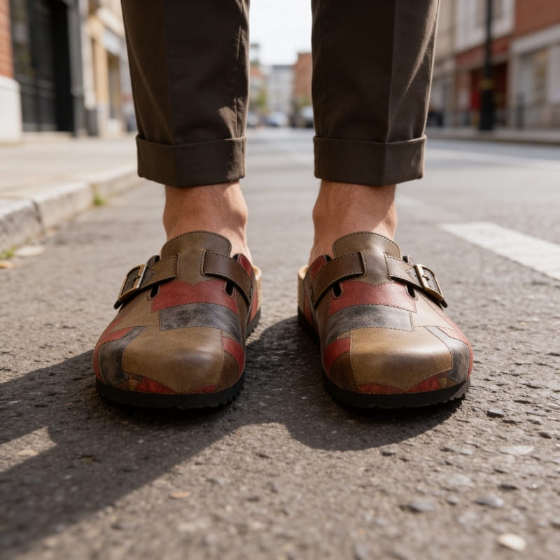 Gareth Genuine Leather Patchwork Buckled Clogs – Casual Slip-On Sandal