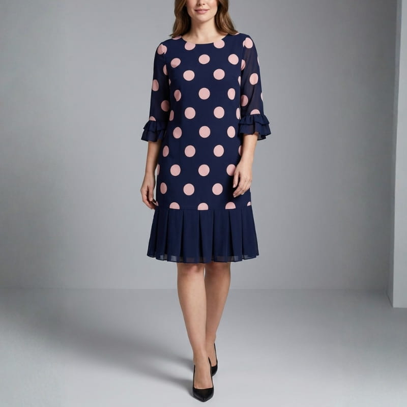 Celeste Polka Dot Pleated Midi Dress – Elegant A-Line Flowy Occasion Dress