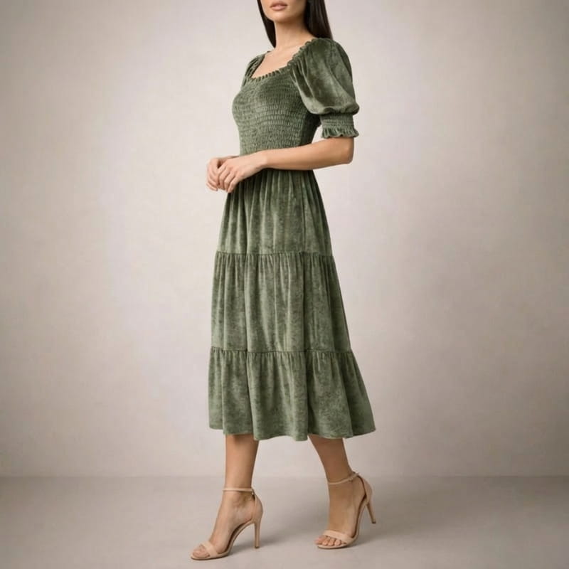 Livia Soft Velvet Ruffle Shirred Midi Dress – Elegant Square Neck Occasion Wear
