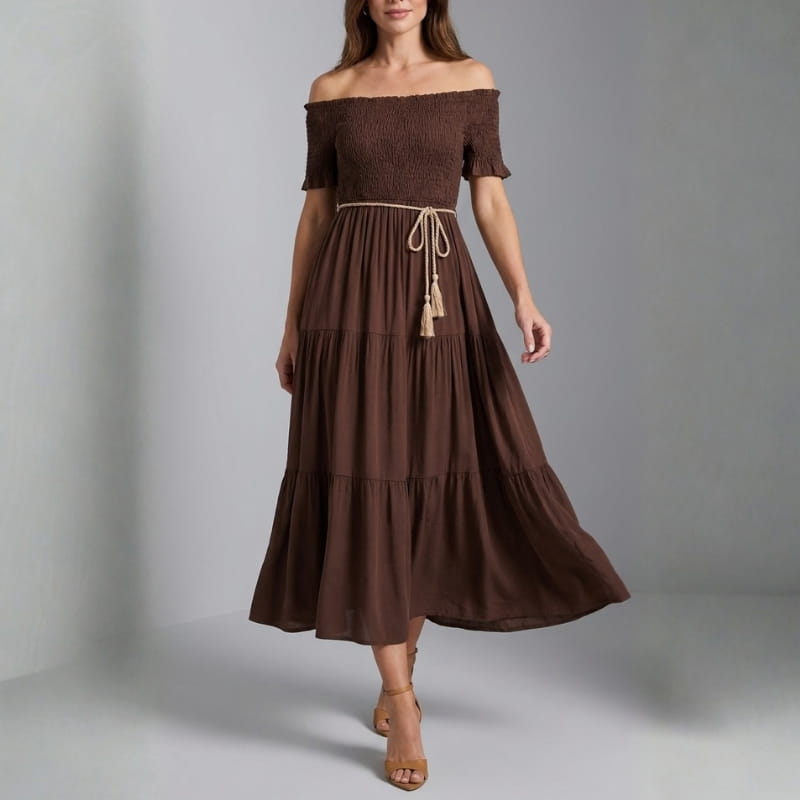 Seraphina Off-Shoulder Pleated Midi Dress – Tiered Summer Elegance