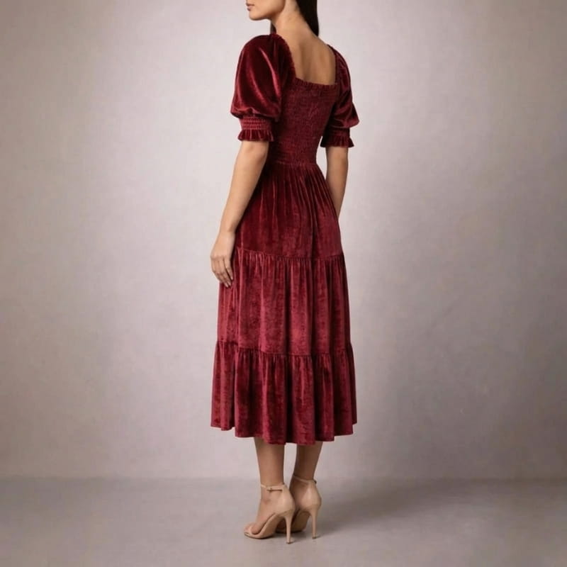 Livia Soft Velvet Ruffle Shirred Midi Dress – Elegant Square Neck Occasion Wear