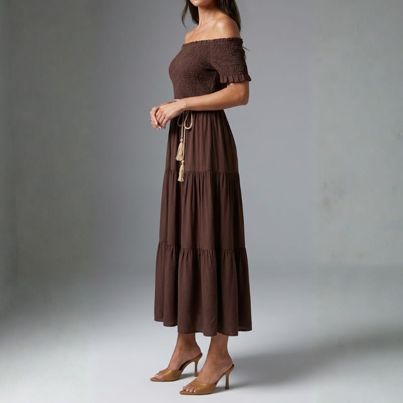 Seraphina Off-Shoulder Pleated Midi Dress – Tiered Summer Elegance