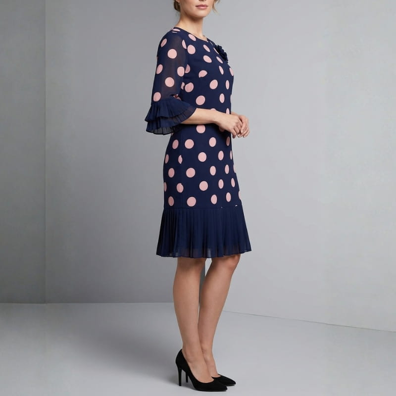 Celeste Polka Dot Pleated Midi Dress – Elegant A-Line Flowy Occasion Dress