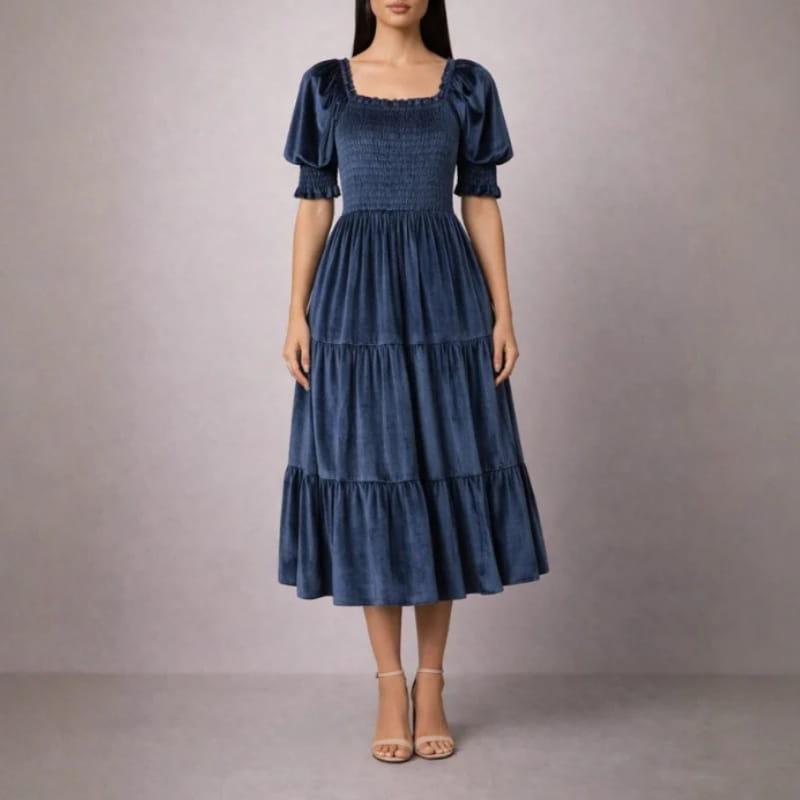 Livia Soft Velvet Ruffle Shirred Midi Dress – Elegant Square Neck Occasion Wear