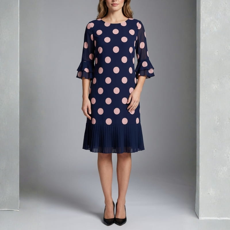 Celeste Polka Dot Pleated Midi Dress – Elegant A-Line Flowy Occasion Dress