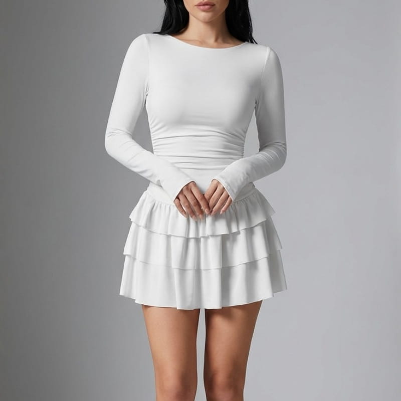 Camille Ruffle Skirt Mini Dress – Fitted Waist Flowing Layered Silhouette