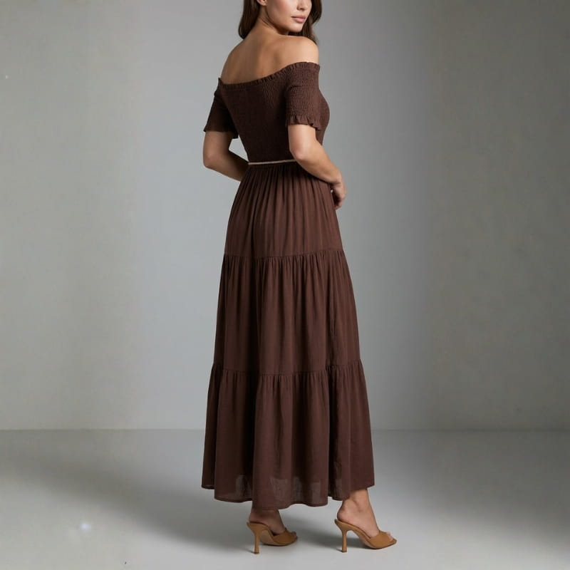 Seraphina Off-Shoulder Pleated Midi Dress – Tiered Summer Elegance