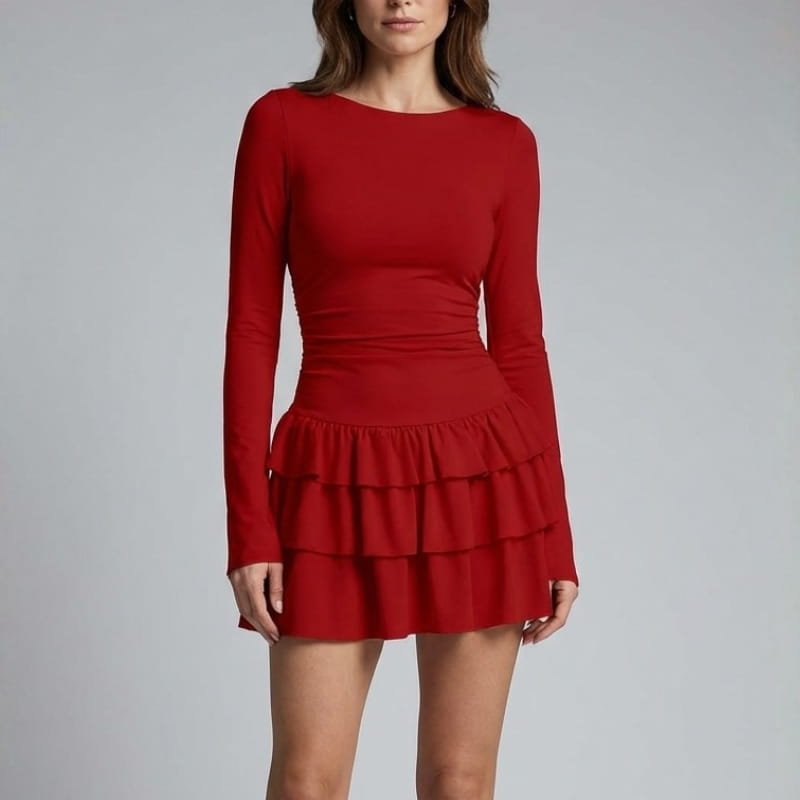 Camille Ruffle Skirt Mini Dress – Fitted Waist Flowing Layered Silhouette