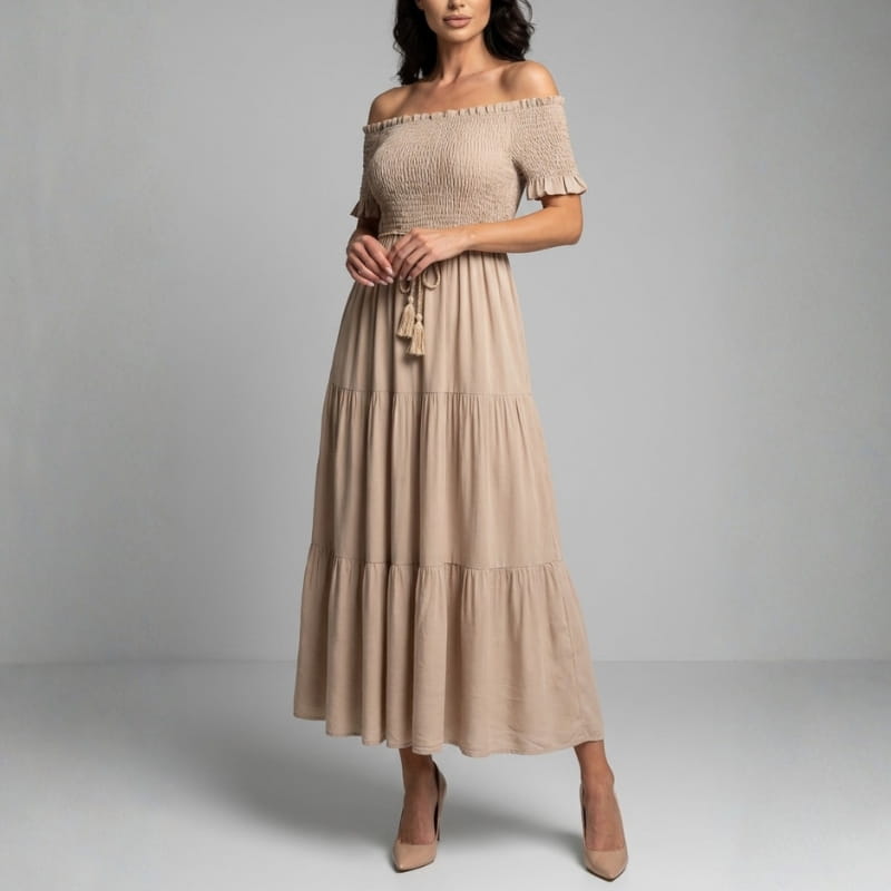 Seraphina Off-Shoulder Pleated Midi Dress – Tiered Summer Elegance