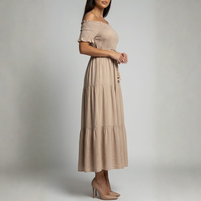 Seraphina Off-Shoulder Pleated Midi Dress – Tiered Summer Elegance