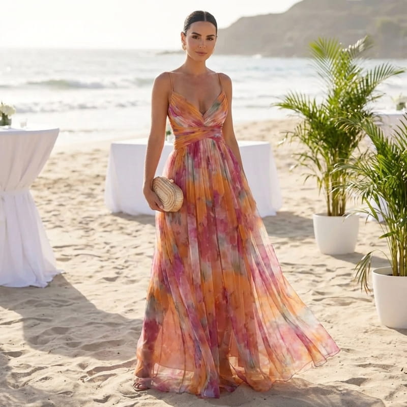 Gabriella Chiffon Floral Painted Maxi Dress – Lightweight Elegant All Occasion Dress