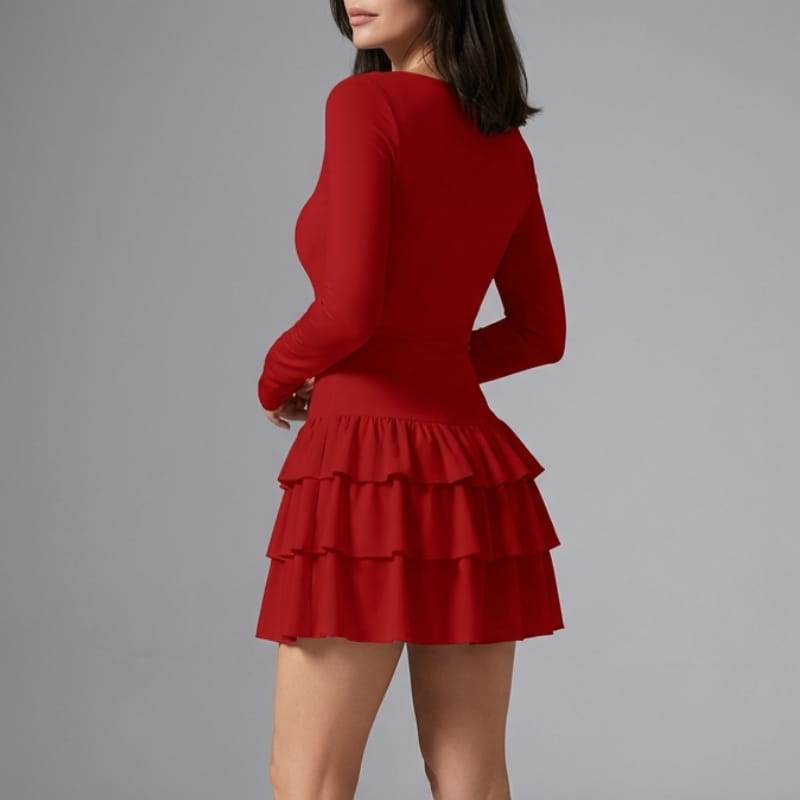 Camille Ruffle Skirt Mini Dress – Fitted Waist Flowing Layered Silhouette