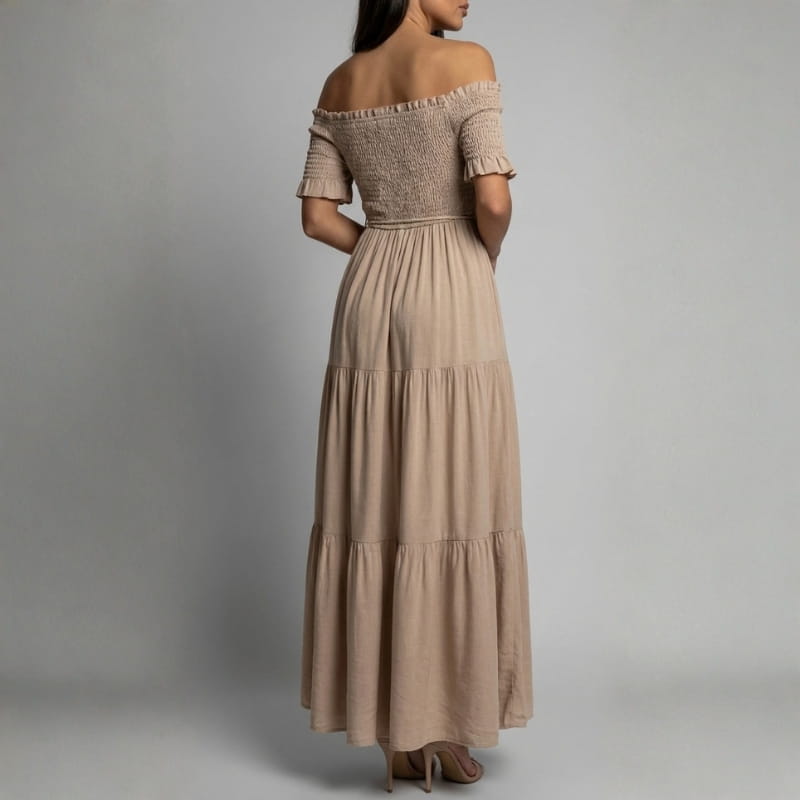 Seraphina Off-Shoulder Pleated Midi Dress – Tiered Summer Elegance