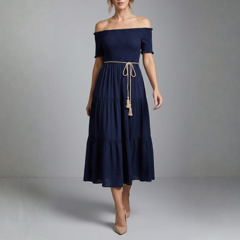 Seraphina Off-Shoulder Pleated Midi Dress – Tiered Summer Elegance