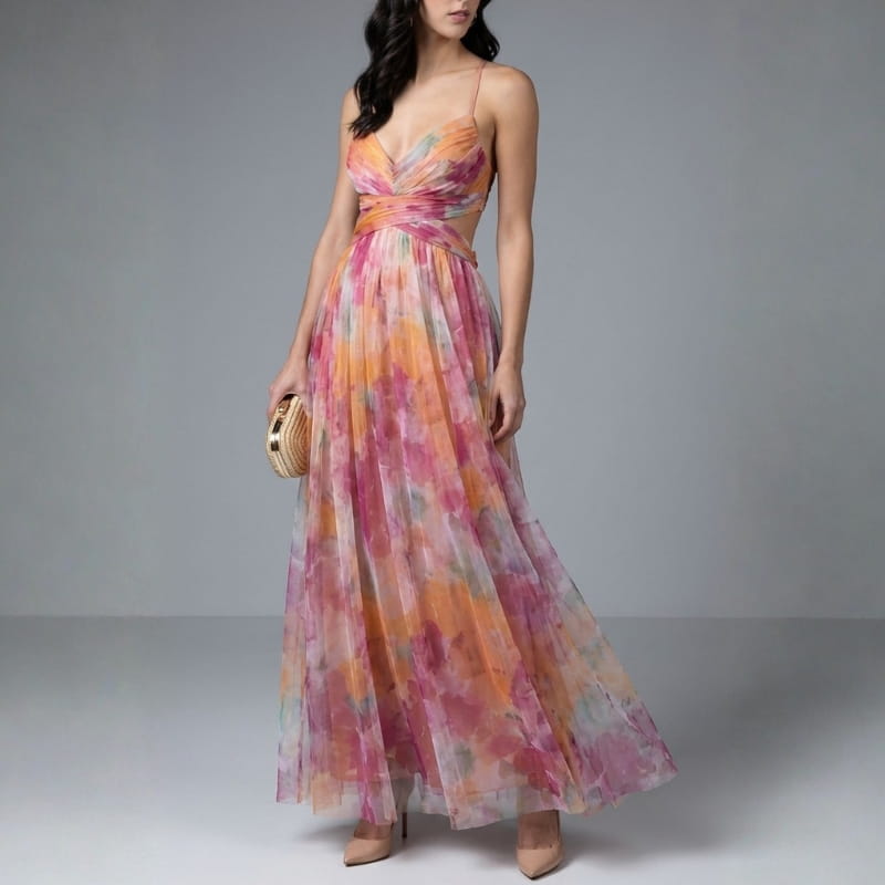 Gabriella Chiffon Floral Painted Maxi Dress – Lightweight Elegant All Occasion Dress