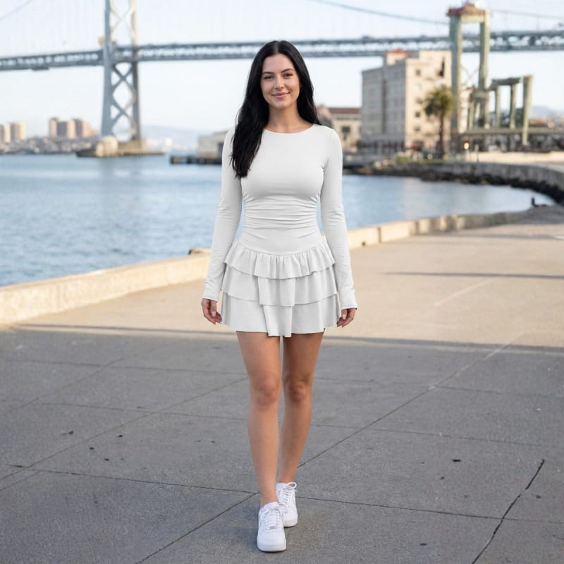 Camille Ruffle Skirt Mini Dress – Fitted Waist Flowing Layered Silhouette