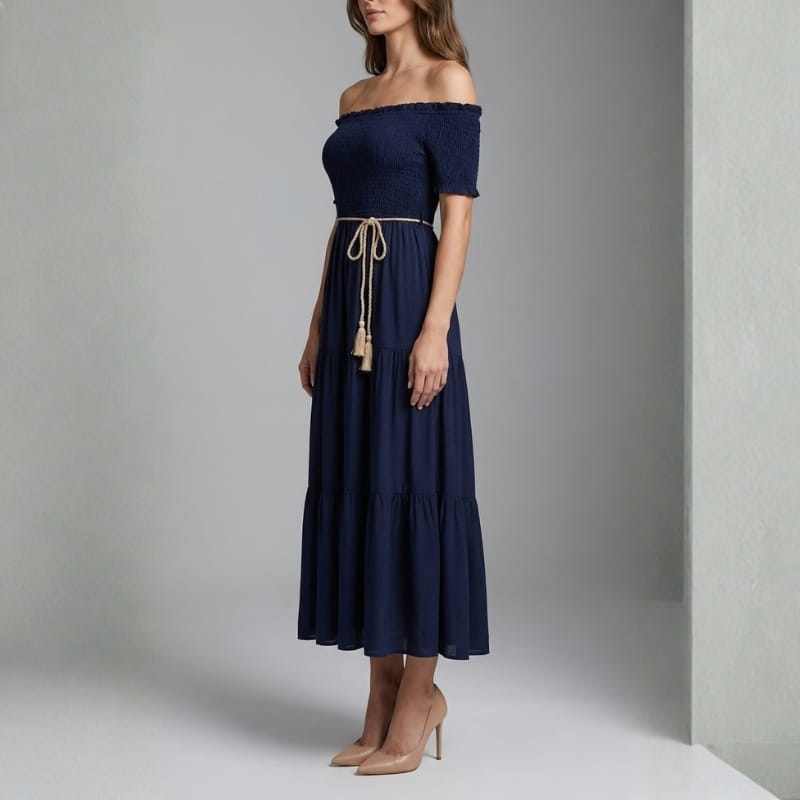 Seraphina Off-Shoulder Pleated Midi Dress – Tiered Summer Elegance