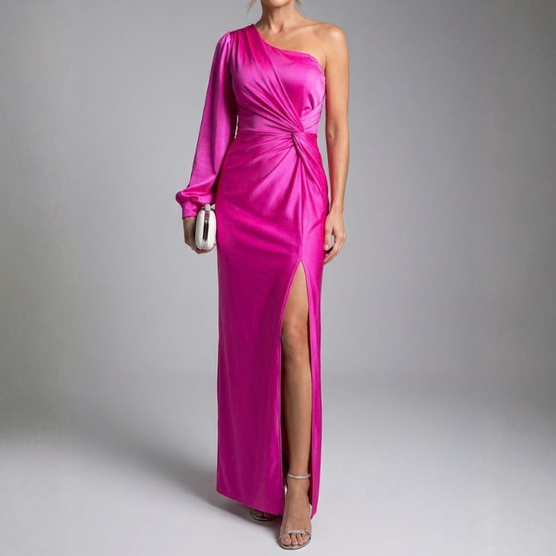 Viena One-Shoulder Satin Maxi Dress – Elegant Sculpted Evening Silhouette