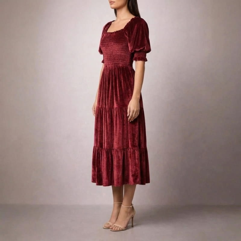 Livia Soft Velvet Ruffle Shirred Midi Dress – Elegant Square Neck Occasion Wear