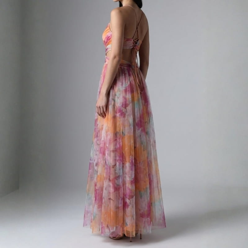 Gabriella Chiffon Floral Painted Maxi Dress – Lightweight Elegant All Occasion Dress