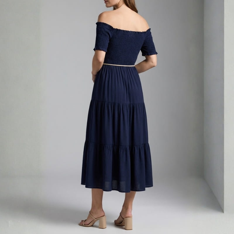 Seraphina Off-Shoulder Pleated Midi Dress – Tiered Summer Elegance