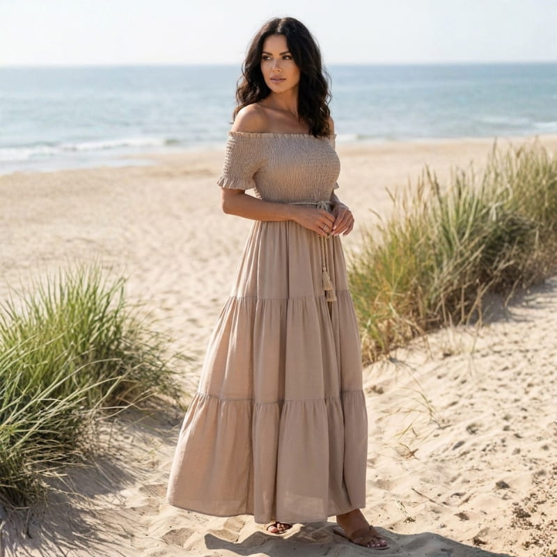 Seraphina Off-Shoulder Pleated Midi Dress – Tiered Summer Elegance