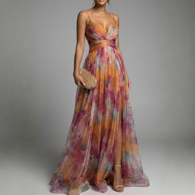 Gabriella Chiffon Floral Painted Maxi Dress – Lightweight Elegant All Occasion Dress