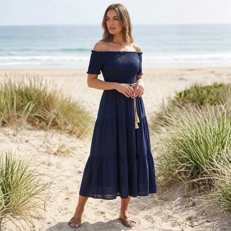 Seraphina Off-Shoulder Pleated Midi Dress – Tiered Summer Elegance