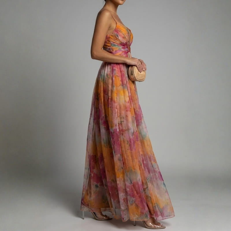 Gabriella Chiffon Floral Painted Maxi Dress – Lightweight Elegant All Occasion Dress