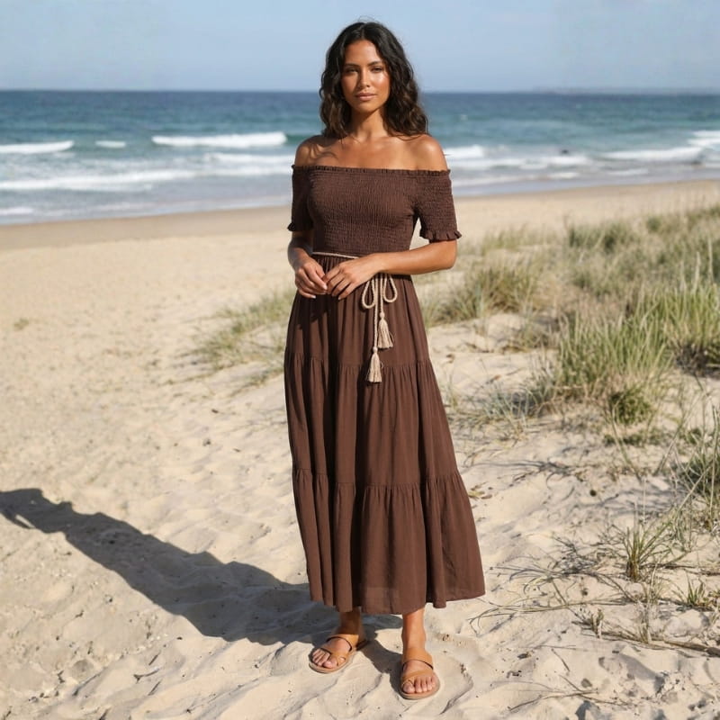 Seraphina Off-Shoulder Pleated Midi Dress – Tiered Summer Elegance